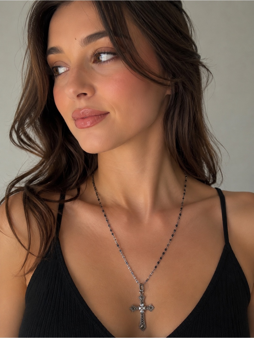 Sterling Silver Black Bead Cross Necklace - Unbranded